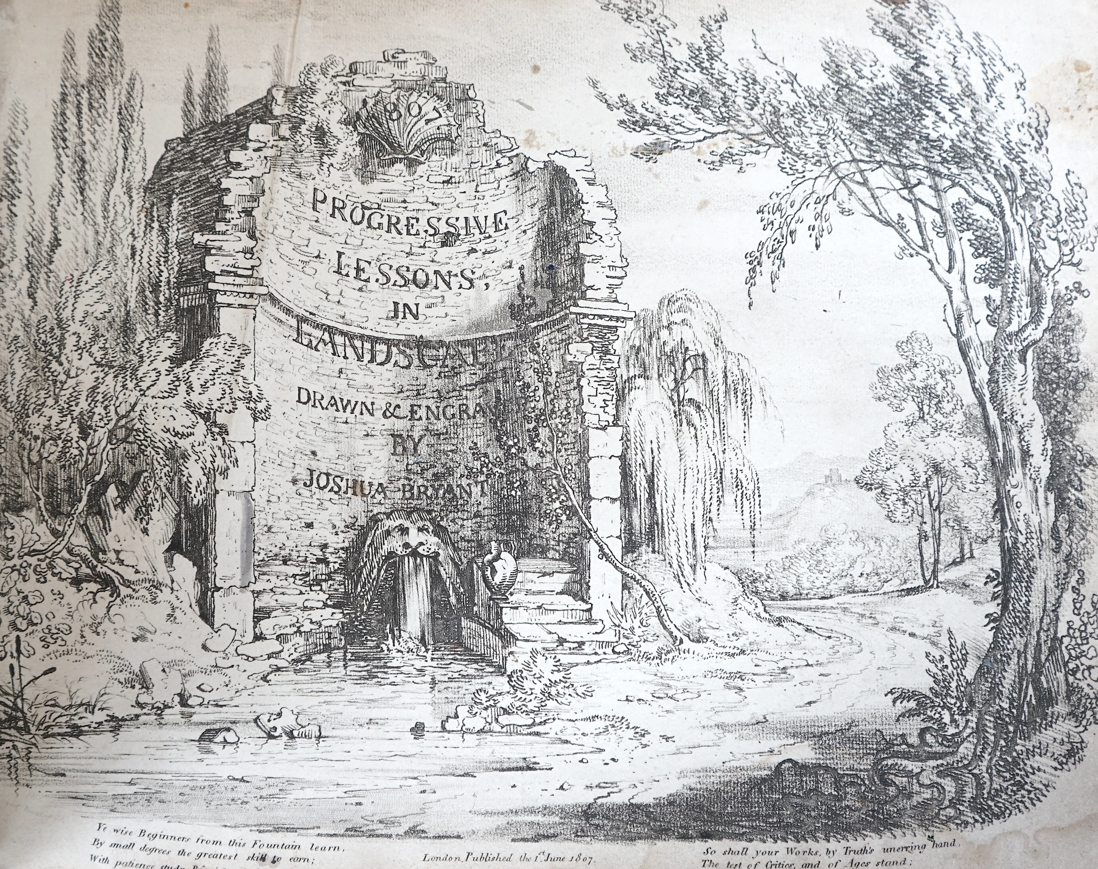Bryant, Joshua - Progressive Lessons in Landscape, lithographed pictorial title, half title, 42 lithographed plates, one folding, 6 plates of diagrams, half red morocco, very worn, paper covered boards badly scuffed, R.